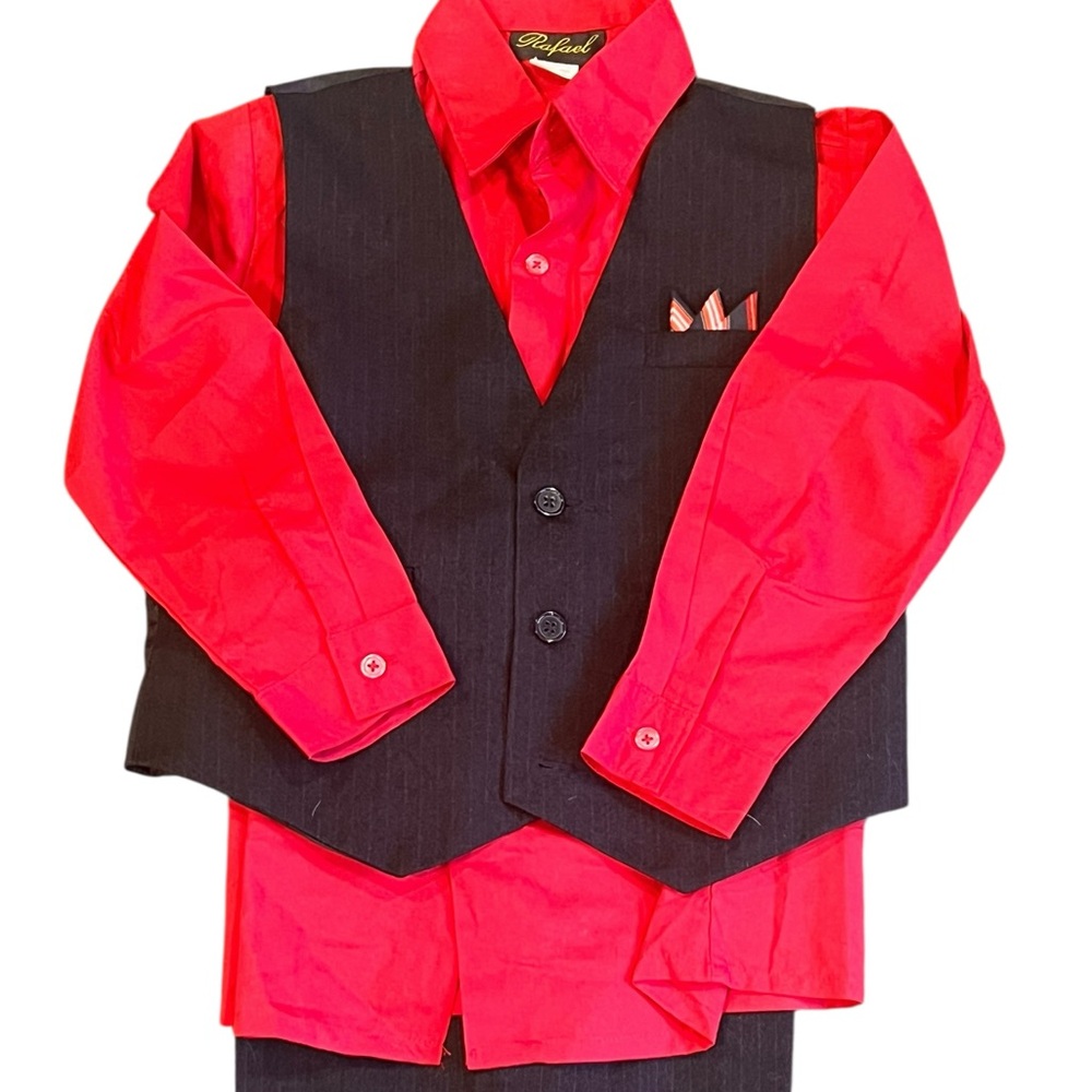 RAFAEL Vibrant Red and Sleek Black Boys 3 Piece Suit, Size 7